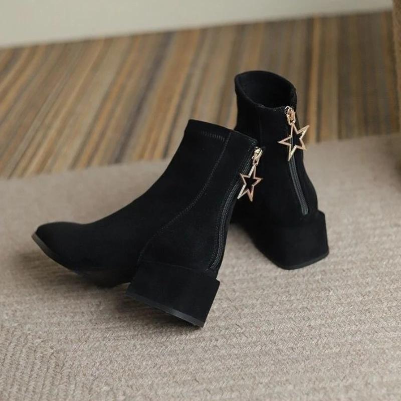 Fashion Ankle Boots for Women Work Suede Zip Medium Heels Woman Short Shoes Y2k Fashion 2025 High Quality Hot Booties Chic and Elegant
