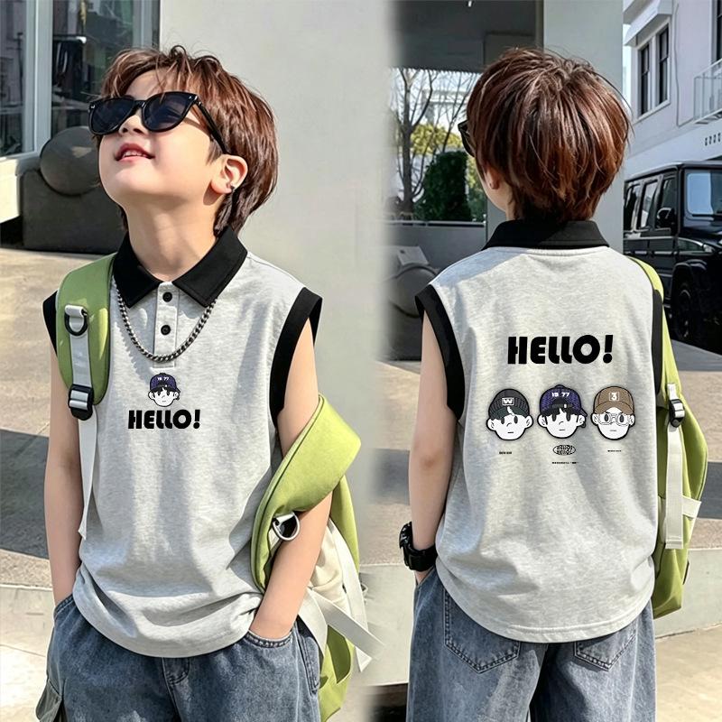 Boys' Color Block Cotton Polo Shirt Vest - Summer 2026 New Arrival, Medium & Large Patchwork Lapel Sleeveless Top