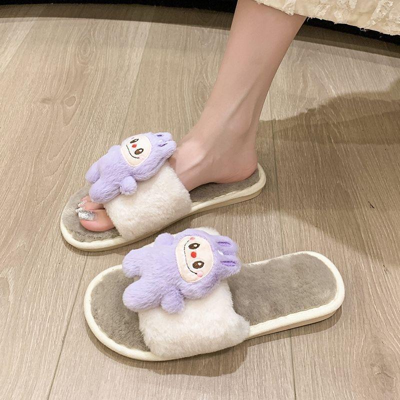 Flat Bottom Non-slip Warm One-word Cotton Slippers Cartoon Cute Fluffy Slippers Women's Autumn and Winter New Models