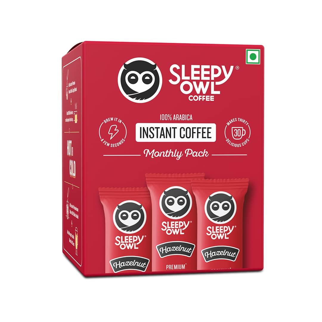 Sleepy Owl Hazelnut Flavour 100% Arabica Coffee Sachets | 60g - Pack of 30 x 2g Instant Coffee Powder Sachets | Nutty & Bold | Travel Friendly