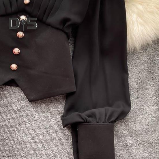 Women French Style Shirt Lapel V Neck Puff Long Sleeve Shirt Buttons Decor Irregular Hem Solid Color Tops