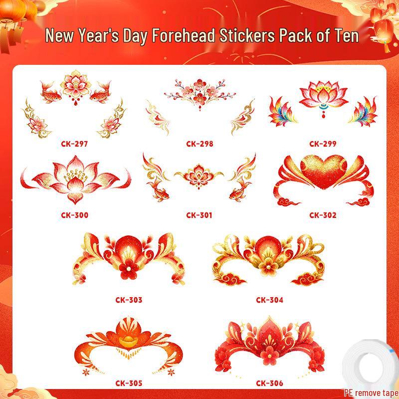 New Year Glitter Tattoo Stickers for Kids: Non-toxic, Easy to Clean, High-End, Cute Forehead Designs.