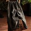 Johnature Women Vintage Plus Cotton Wide Leg Pants Green Warm Elastic Waist Winter Trouser Patchwork Loose Pants
