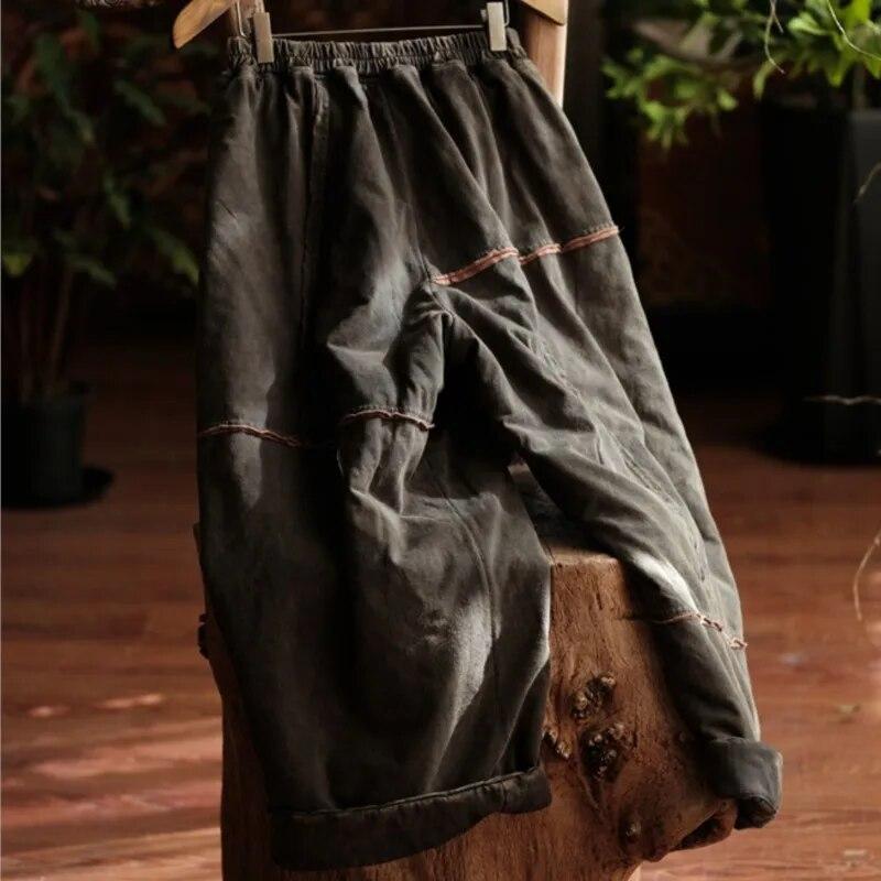 Johnature Women Vintage Plus Cotton Wide Leg Pants Green Warm Elastic Waist Winter Trouser Patchwork Loose Pants