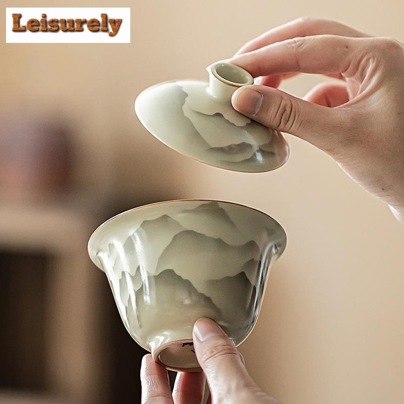 150ML Handmade Ru Kiln Porcelain Gaiwan Mountain Flower Sancai Ceramic Tea Tureen Tea Maker Cover Bowl Tea Items Supplies Gifts