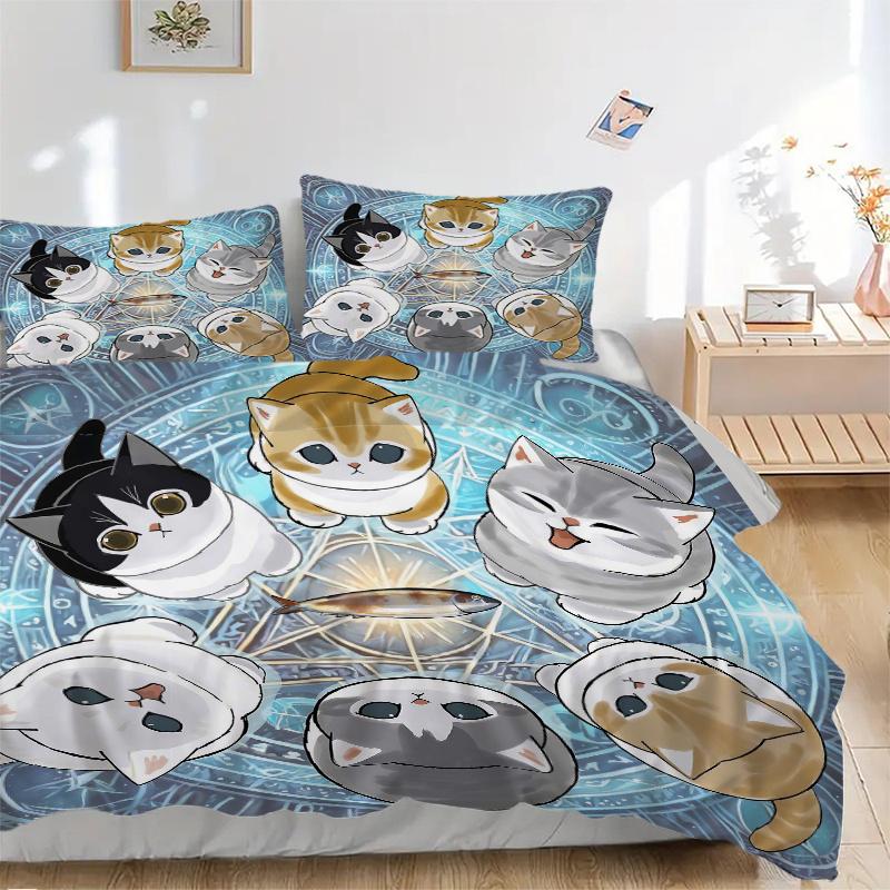 3pcs Six Cute Kittens Quilt Set - Soft and Comfortable Bedroom, Guest Room and Dorm Decor Bedding Set 1 Quilt Cover + 2 Pillowcases.L096