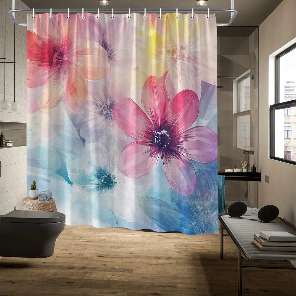 

Soft Pastel Floral Shower Curtain – Watercolor Pink & Peach Flowers, Dreamy Background, 70x70in, Polyester, Includes Hooks 90x180cm35x71in
