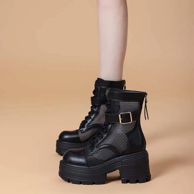 Fashion 9CM Air Mesh Patent Leather Boots Chimney Hollow Ankle Booties Women Moccasins Summer Motorcycle Sandals Fashion Shoes Sandals