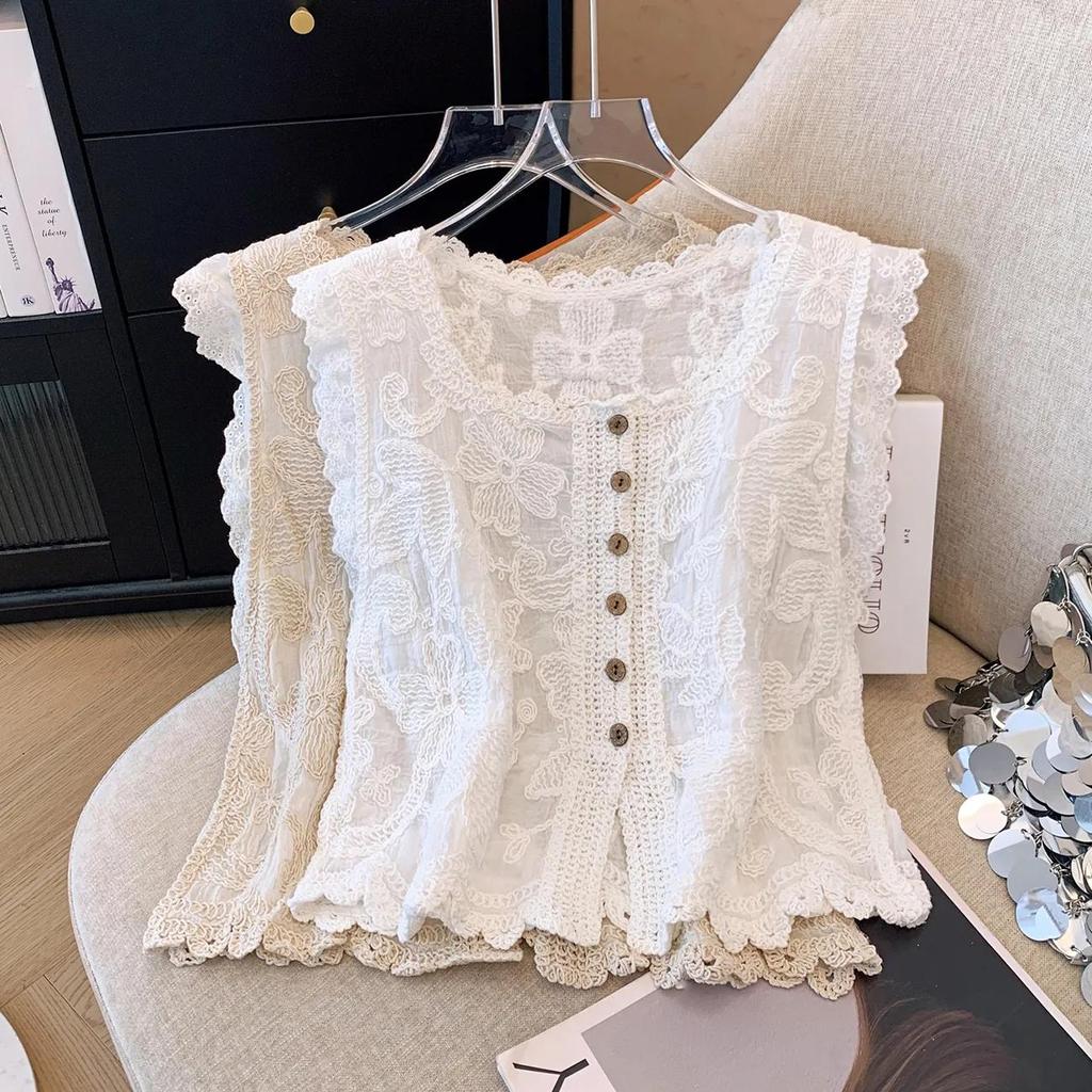 Female Summer Elegant Outerwear Embroidered Openwork Sleeveless Knit Tank Top - Elegant Cropped Top