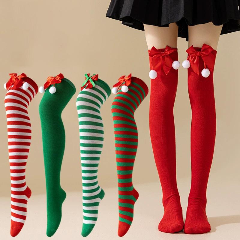 Women with Bow Accent for Women Girls Christmas Socks Knee-High Over-the-Knee Elegant Red & Green Striped Long Socks