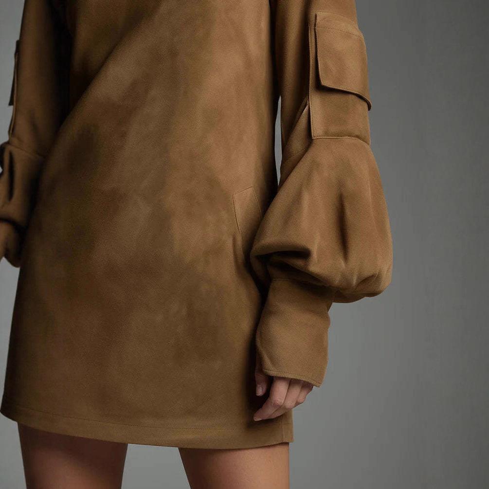Autumn 2025 Suede High Neck Pocket Mini Dress