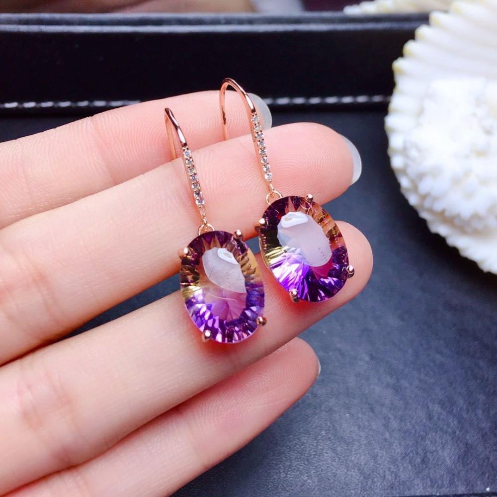 925 Silver Plated Bi Color Amethyst Citrine Earrings for Women Sparkling Crystal Drop Dangle Jewelry