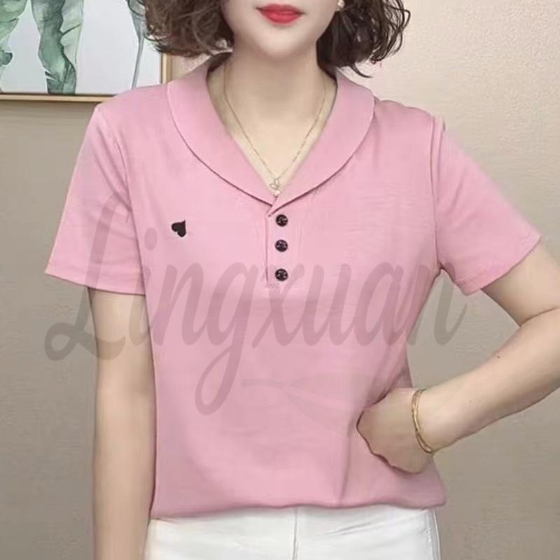 2026 Summer Women's Pure Cotton Short Sleeve Lapel T-shirt for Middle-Aged and Young Mothers - Casual, Loose Fit, Versatile Top