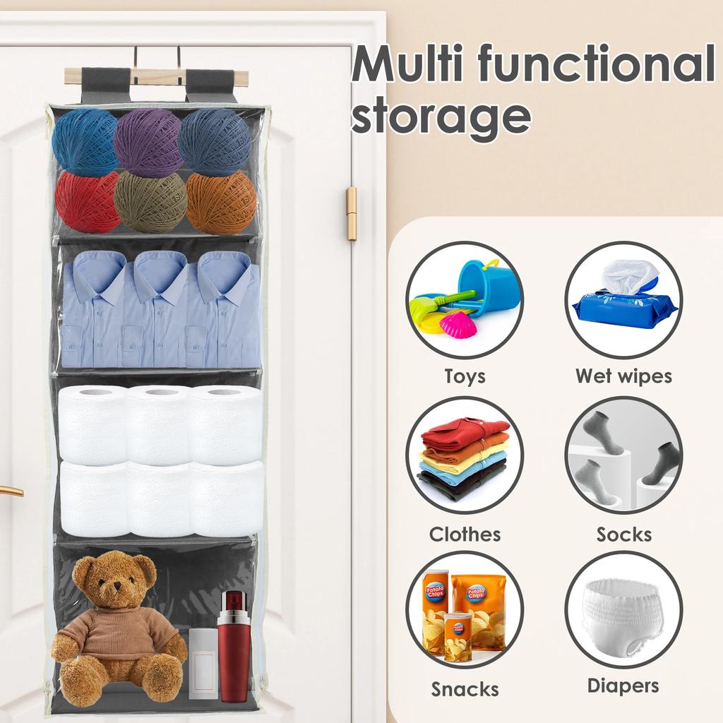 Over The Door Organizer with 4 Large Pockets Large Capacity Knitting Organizer Storage with Zipper Toy Plush/Hammock Hanging Bag