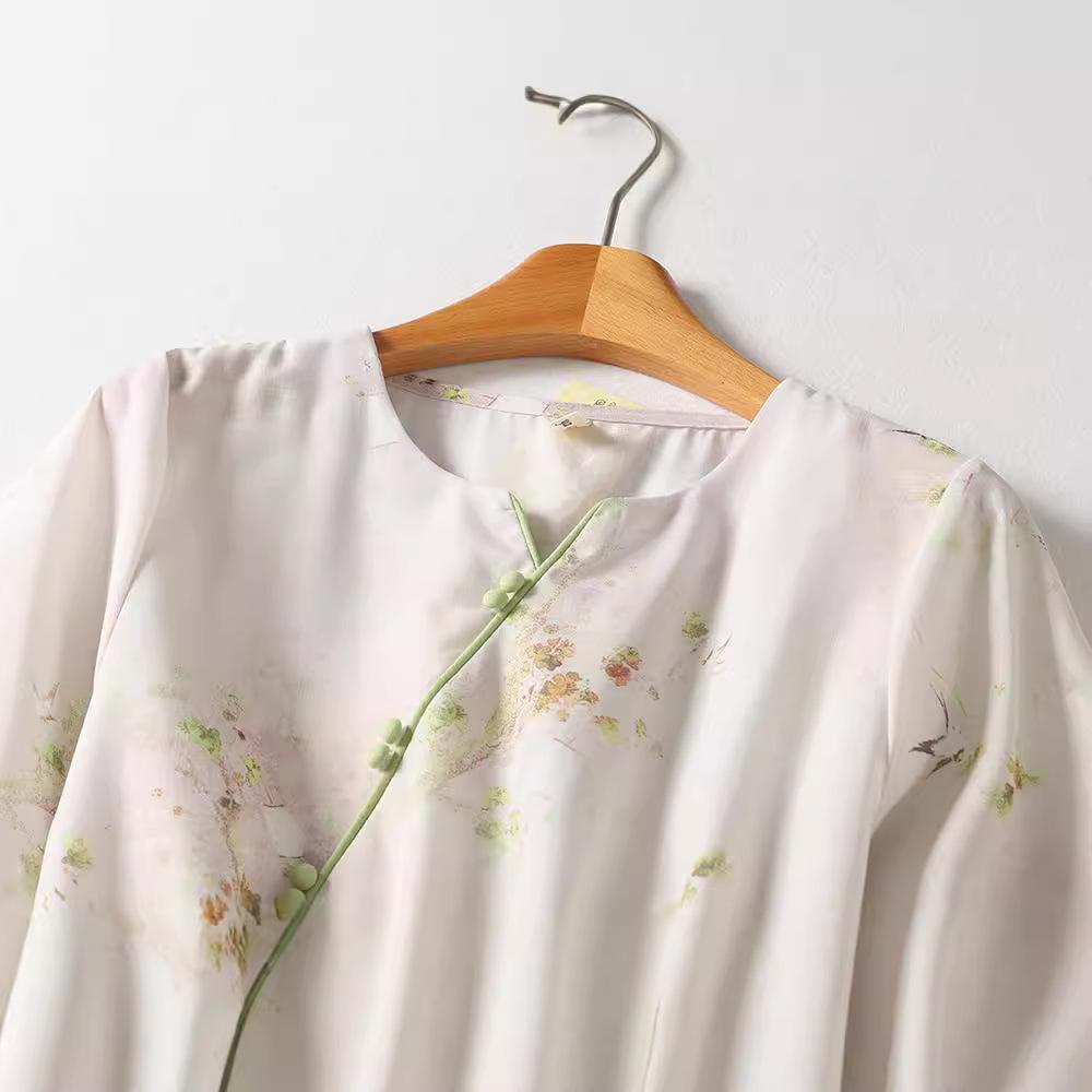 Cotton and Linen Printing Design Sense Chinese Dress Women's Summer Temperament Drawstring Waist V-neck Short-sleeved Big Swing Skirt