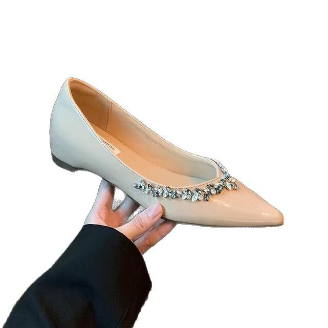 Sheepskin New French Evening Wind Rhinestone Pointed Flat Shoes Women's Shallow Mouth Inner Height Increase Single Shoes Commuter Soft Sole Wo