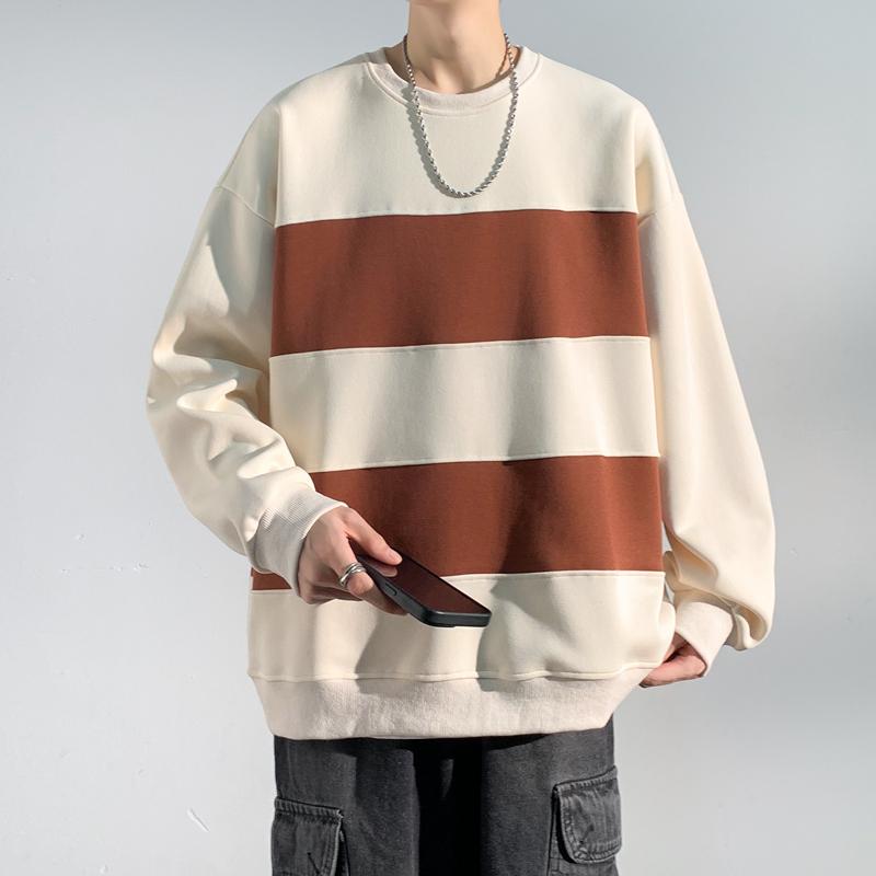 Men's Spring and Autumn New Outdoor Trendy Brand Striped Couple Hong Kong Style Long Sleeve Round Neck T-shirt Pure Cotton Hoodie