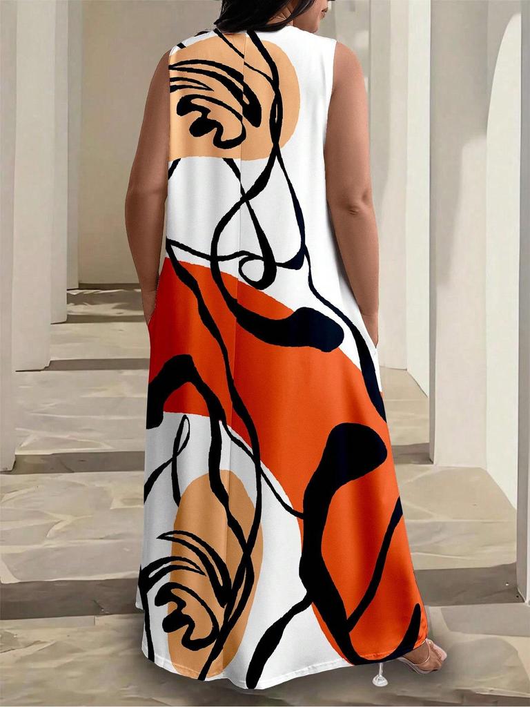 Plus Size African Impressionist Gold Leopard Sleeveless Long Dress
