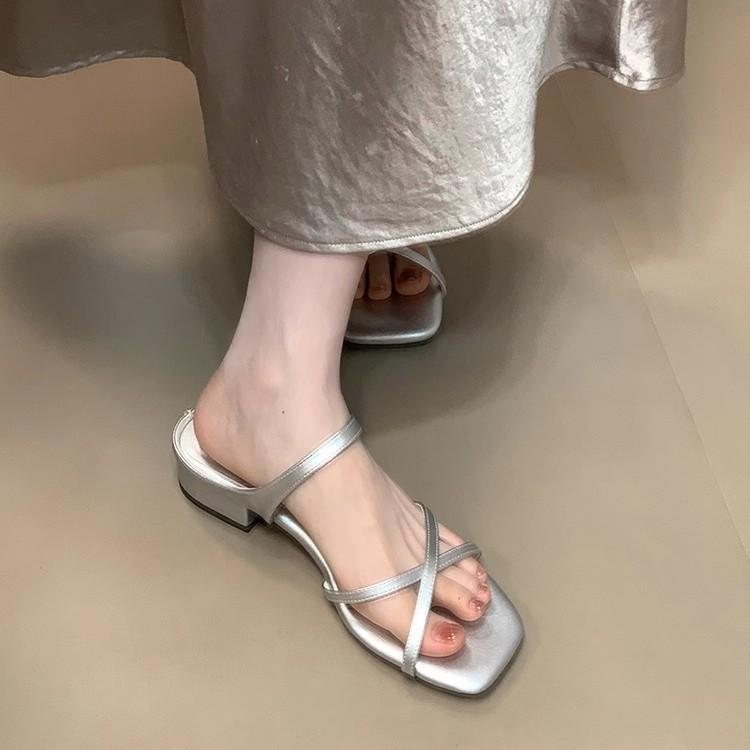 Soft leather version~ French gentle cross with open-toed sandals women's summer temperament square head fashion niche one-word slippers