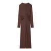 Womens V-Neck Draped Midi Dress With Pleated Waist Street Style Knit Long Sleeve Coffee Color