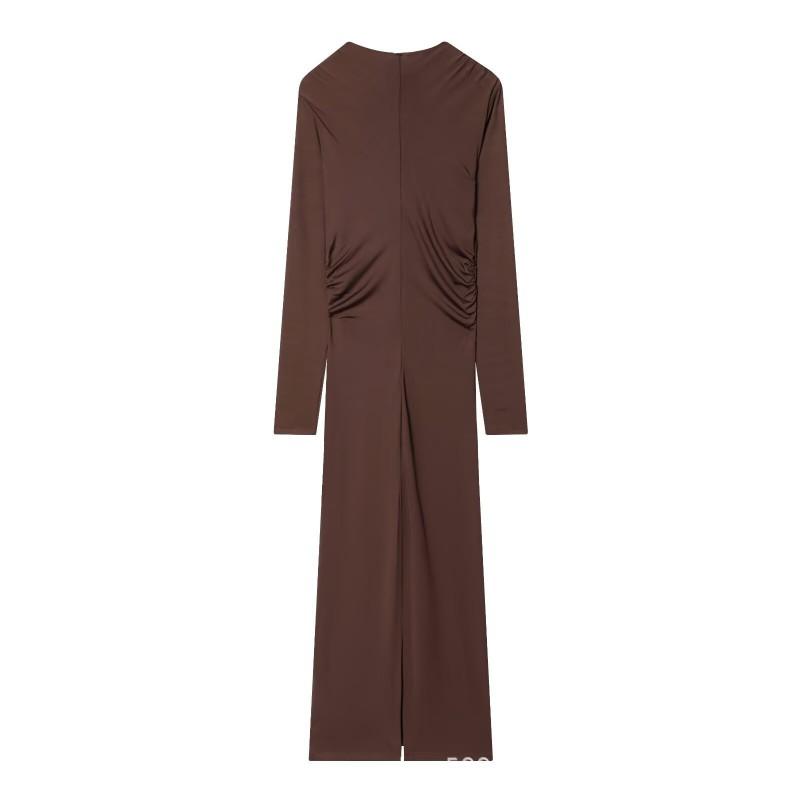 Womens V-Neck Draped Midi Dress With Pleated Waist Street Style Knit Long Sleeve Coffee Color