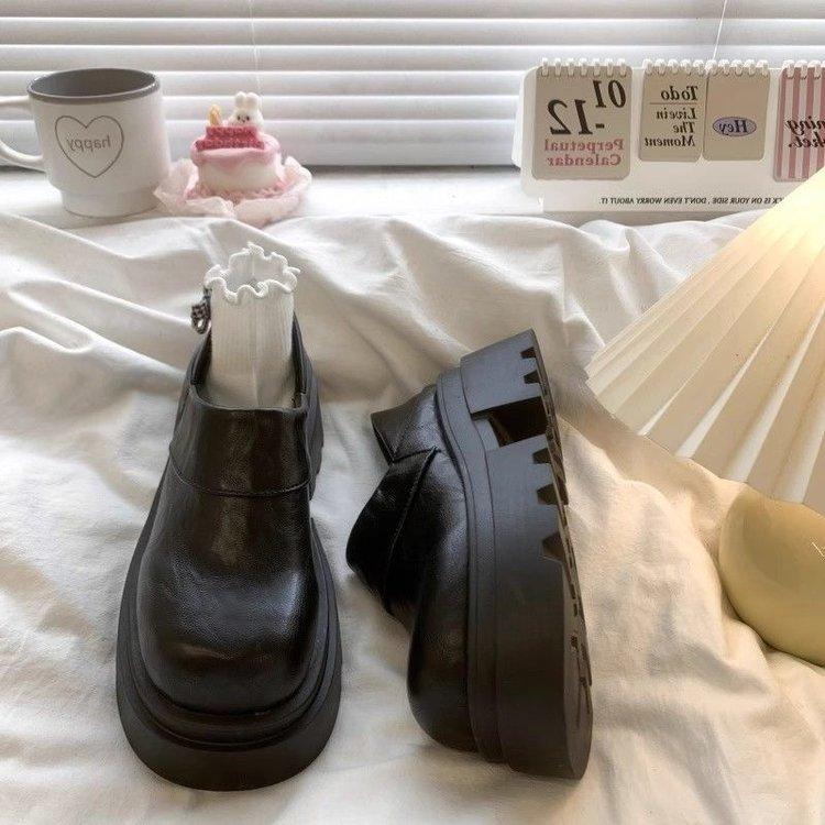 Schwarze Loafer für zwei Tragearten, kleine Lederschuhe, Frühjahrsneuheit, Britischer Stil, Retro, Dicksohlig, Absatzsteigernd, Beutelspitze, Halbschuhe