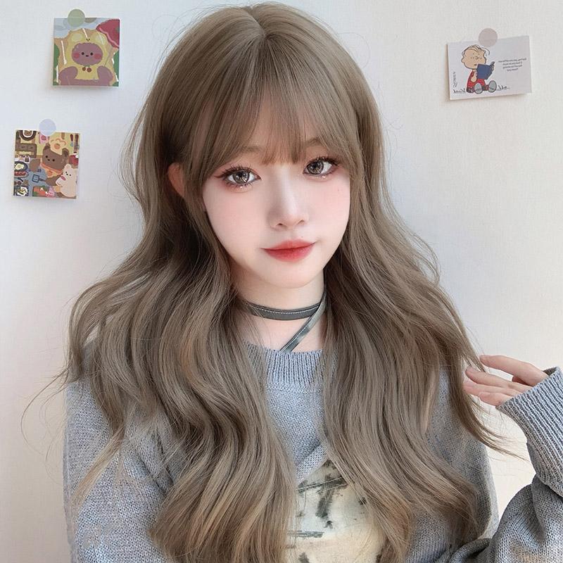 Bybrana Lange dunkelbraune Damenperücken mit Pony, Wasserwelle, hitzebeständige synthetische Perücken für Frauen