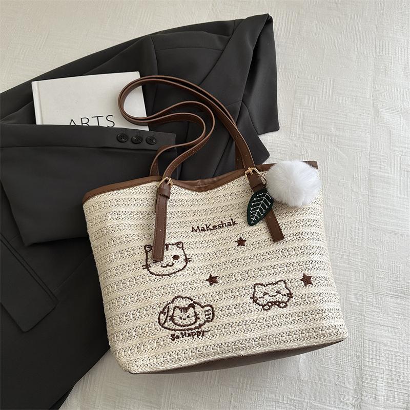 Woven Fashionable Large-capacity Cat Embroidery Tote Bag, New Trendy Foreign Style, Casual Commuting Temperament, Simple Beach Bag