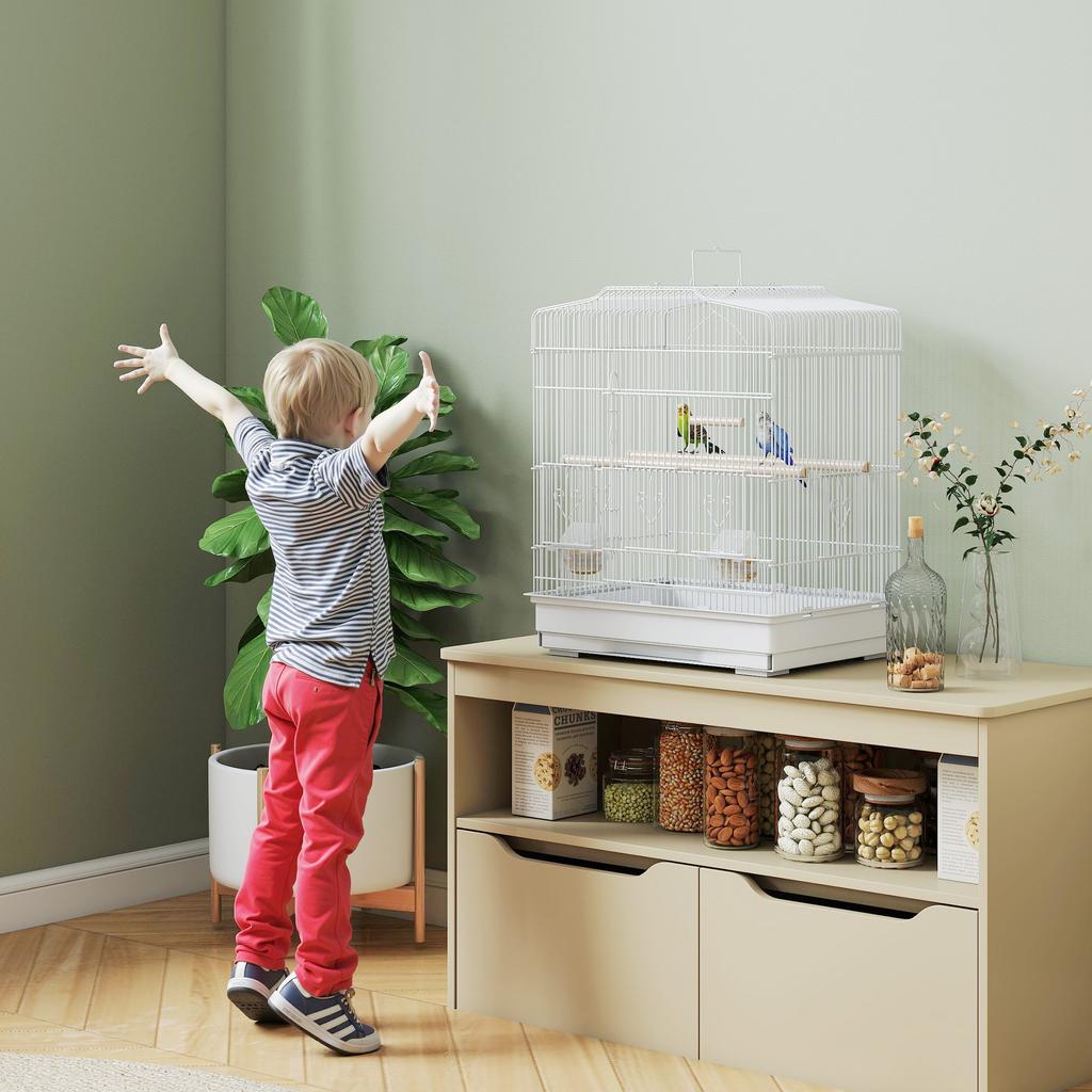 Large Metal Bird Cage with Perches, Food Bowls, Swing, for Budgies, Parakeets, White