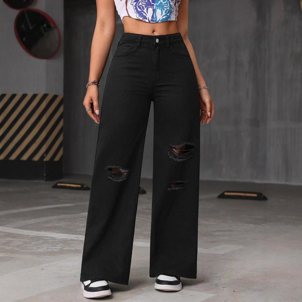 2025 Women's Light Blue Wide-Leg Washed Jeans