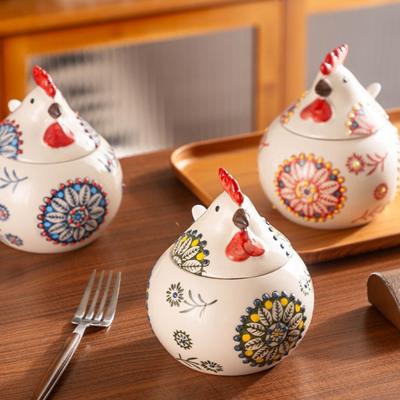 Kreatywny ceramiczny słoik na przyprawy do kurczaka do gospodarstwa domowego z pokrywką i łyżeczką, kolor podszkliwny, ręcznie malowany słoik na przyprawy, odporny na wilgoć