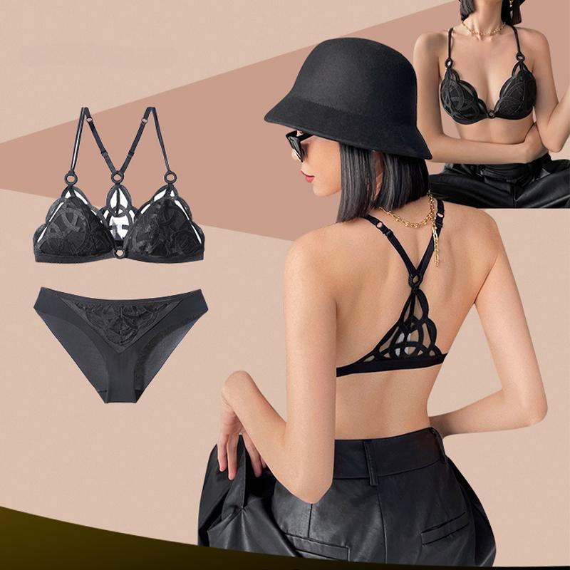 French Sexy Backless Lingerie Lace Ultra Thin Bra Set for Women Summer Triangle Soft Cup Mesh Breathable Brassiere and Thong Set