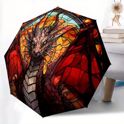 1pc Stained Glass Dragon Automatic Open/close Umbrella, 8-Rib Sturdy Structure, Portable Travel Umbrella, Parties, Everyday Use 091