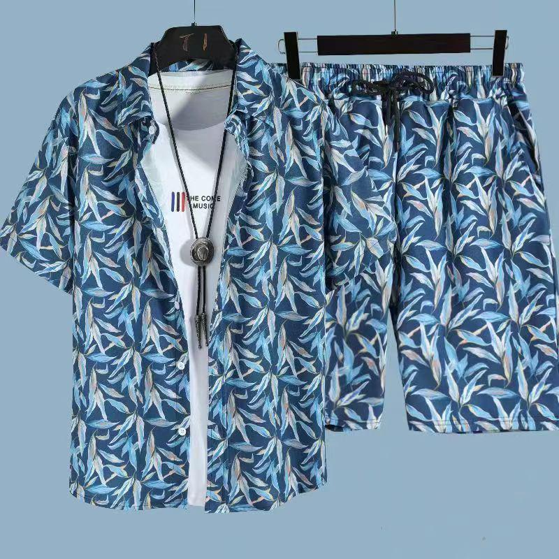 Set Coordinato da Uomo Casual a Maniche Corte Floreale Hawaiano ad Asciugatura Rapida e Pantaloncini da Spiaggia