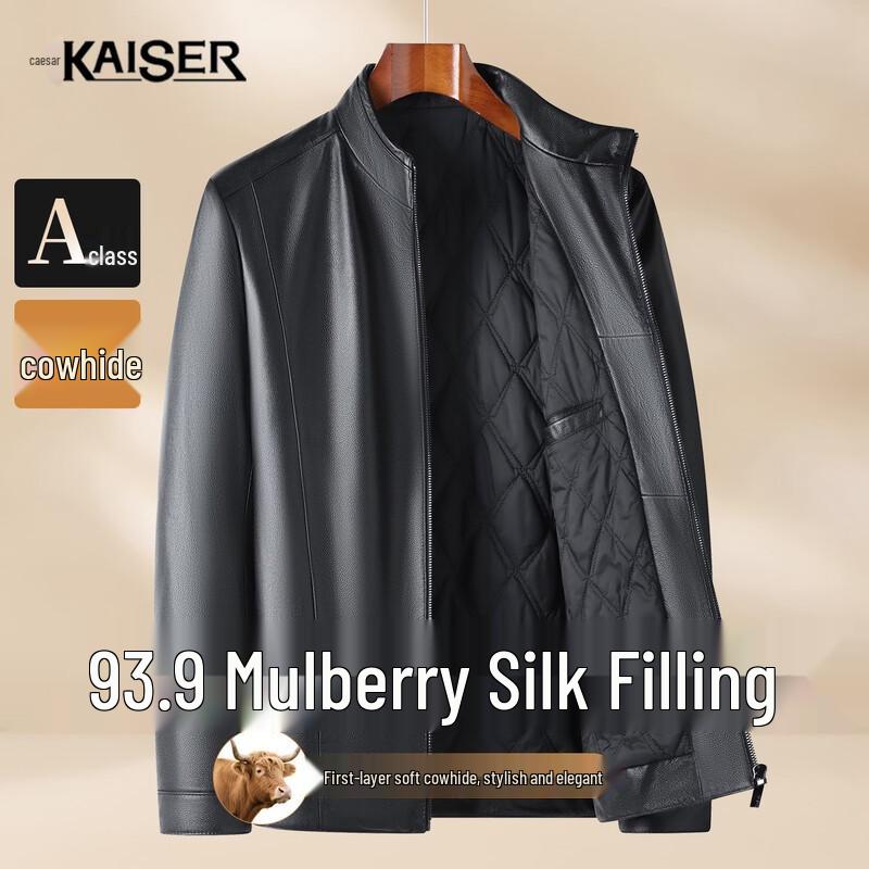 Men s Top-Grain Leather Stand Collar Jacket with Silk Lining L
