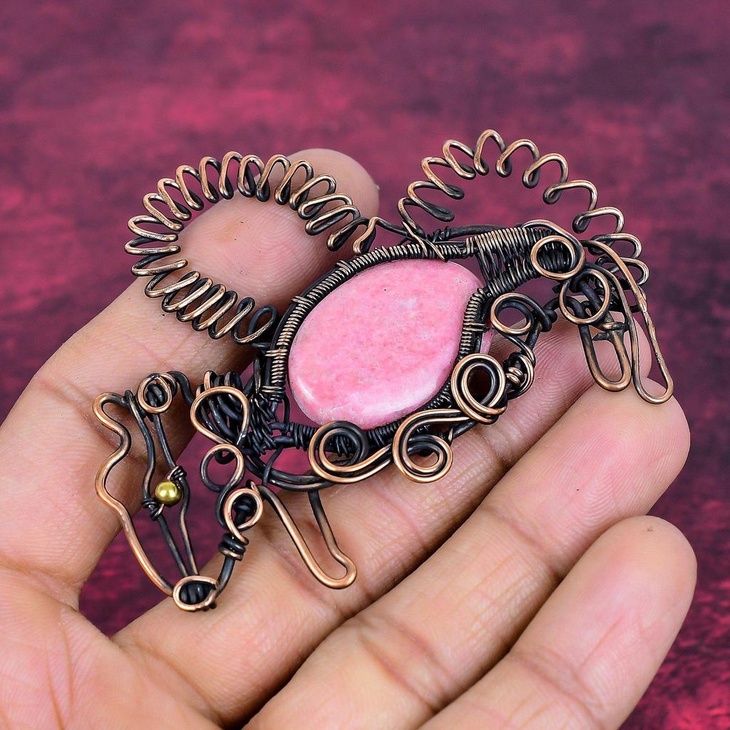Thulite Gemstone Pendant Handmade Rabbit Jewelry Copper Wire Wrapped Pendant