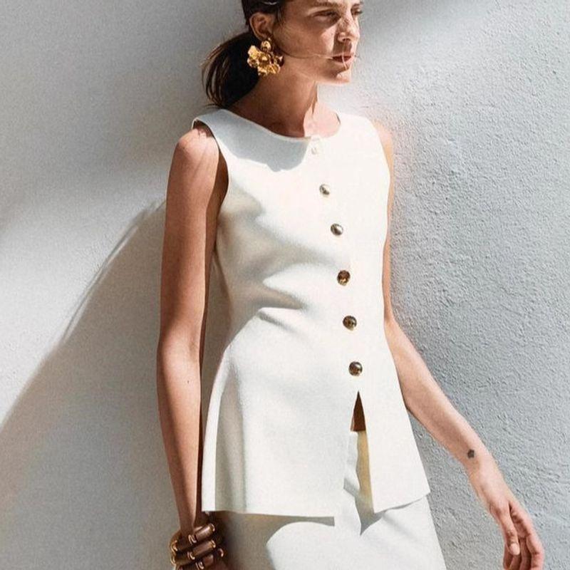 Spring New Women's Clothing Fashion All-Match Golden Button Plain Stitch Sleeveless French Vest Tops 4192100