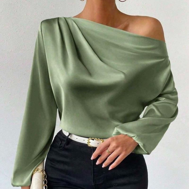 Móda Nové Asymetrické Volné Svetry a Topy s Dlouhým Rukávem Dámské Elegantní Šikmý Límec Sexy Jednobarevné Ležérní Halenky Dámské Plisované Vintage Košile 26396