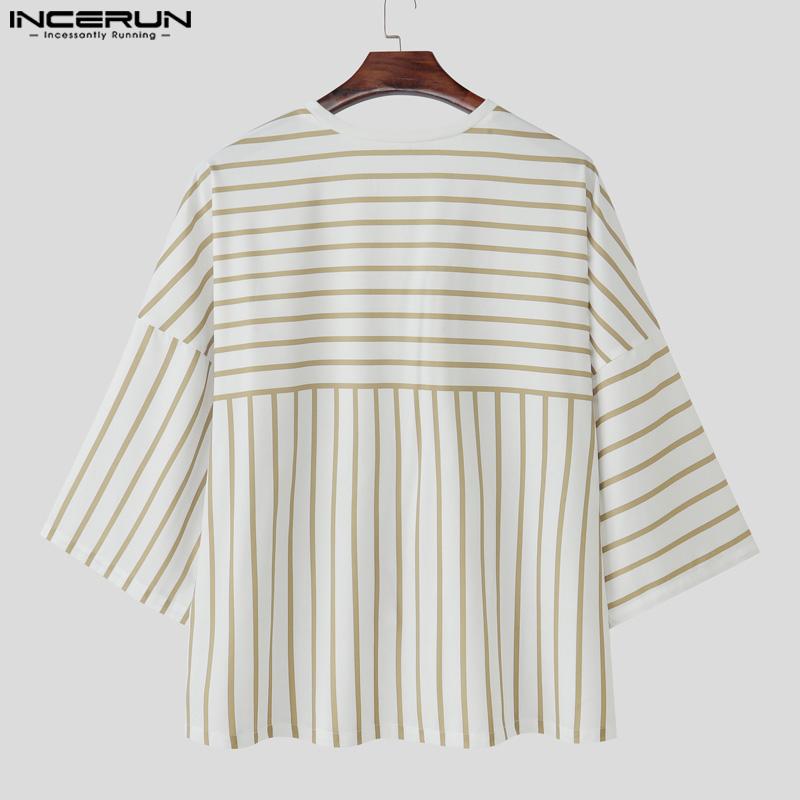 INCERUN Men Casual 3/4 Sleeve Round Neck Splits Striped Print Oversized T-Shirts Tops
