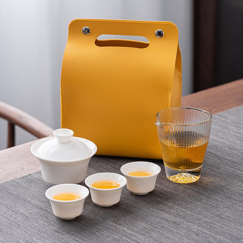 Suet jade porcelain travel tea set gift high-end express cup one pot two or three cups portable outdoor tea