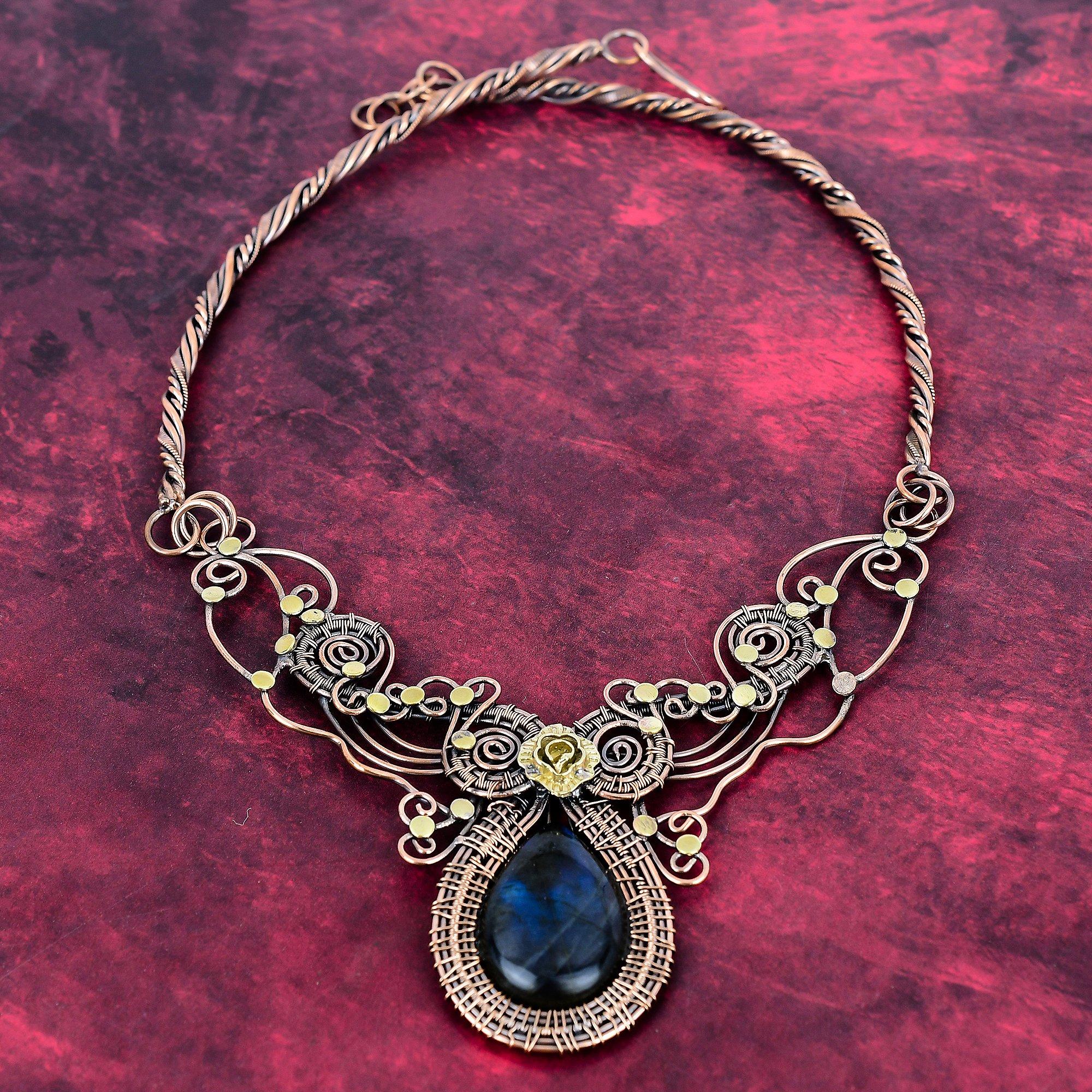 Labradorite Gemstone Necklace Copper Wire Wrapped Jewelry Adjustable Necklace Adjustable