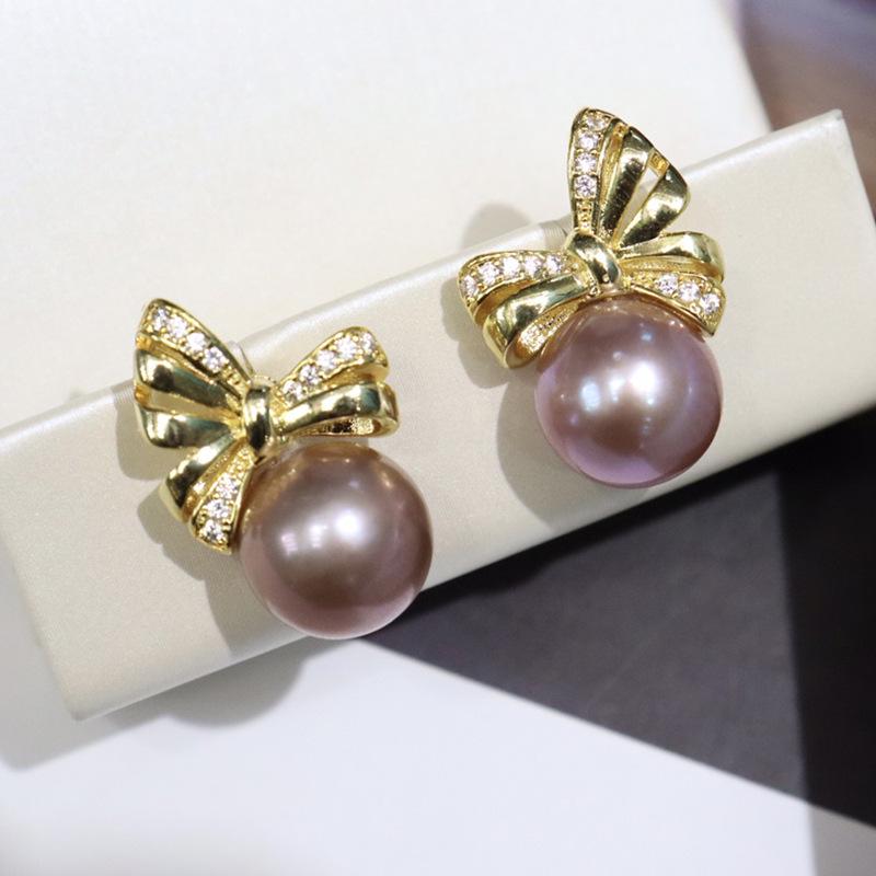 Bowknot Freshwater Pearl Stud Earrings 10-11mm - Round, Slight Imperfections, Good Luster, Light Luxury, Trendy Internet Celebrity Style.