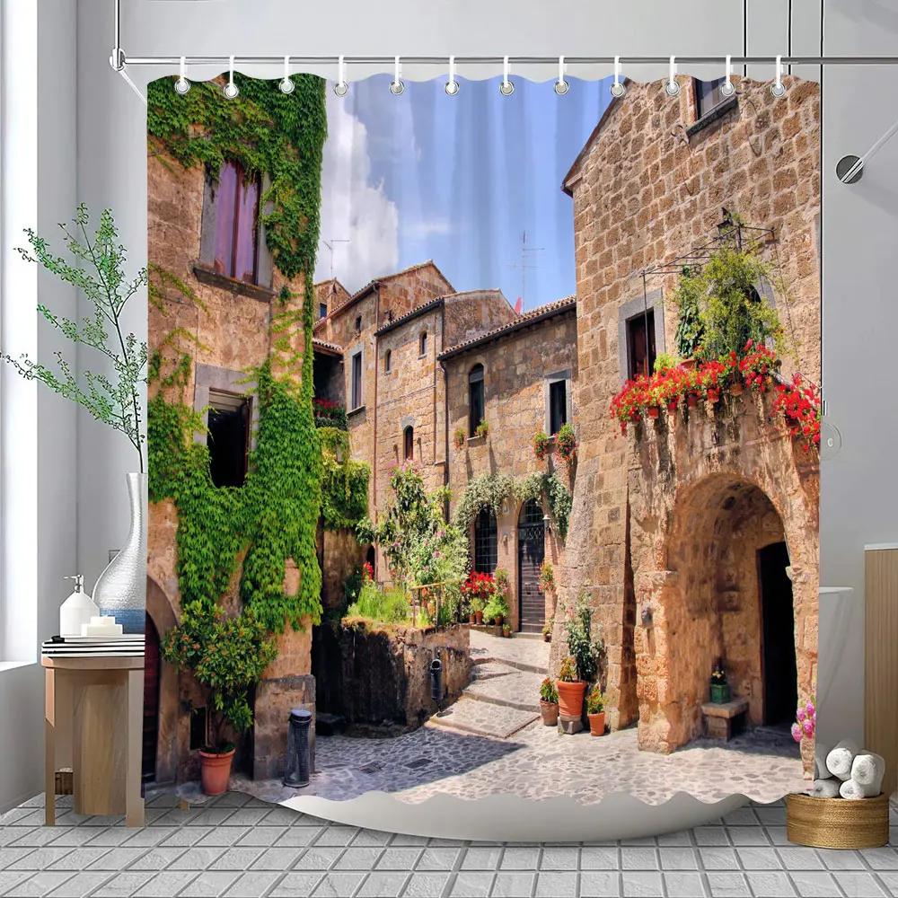 Outdoor Garden Landscape Shower Curtain Lapa Old Town Coastal Landscape Mediterranean Landscape Shower Curtains Bathroom Decor