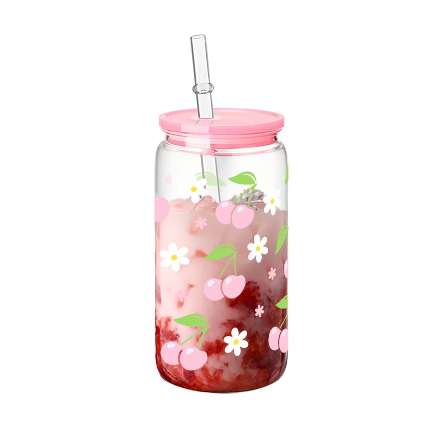16oz Reusable Plastic Cup with Straw Lid Cute Bow Cherry Water Bottle Iced Coffee Juice Milk Mason Cups Drinkware Holiday Gifts