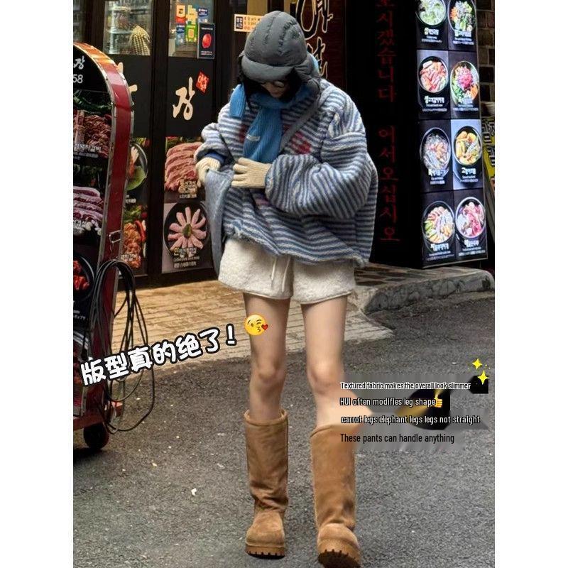 

Women s High Waist Lamb Wool Drawstring Shorts - Warm, Loose Fit for Autumn/Winter XL [Recommended for up to 130 lbs]
