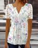 Women's V Neck Long Sleeve Tunic Top Regular Fit Urban Floral Print Lace Spliced Bubble Sleeve Blouse