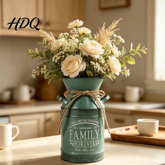 Country Style Interior Ornament Vintage Metal Milk Can Vase Farmhouse Iron Flower Bucket with Handles & Jute Modern Home Living Room Accent