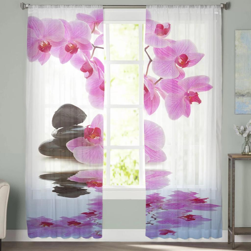 Flower Pink Orchid Reflection Sheer Curtains for Girl Kids Bedroom Kitchen Window Drapes Curtain Home Decoration