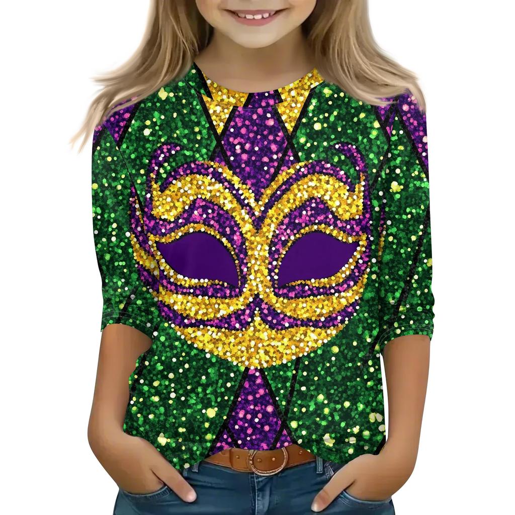 Print Tops For Youth Girls Round Neck 3/4 Sleeves T-Shirts Trendy Tops Outfit Tees