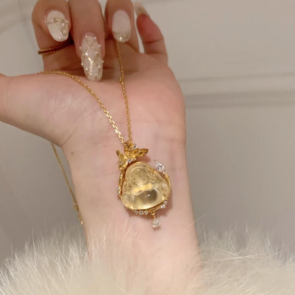 Exquisite Chinese Style Lotus Gold Buddha Pendant Necklace with Diamond Simulation Hand Carved Jadeite for Women